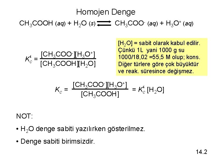 Homojen Denge CH 3 COOH (aq) + H 2 O (s) [CH 3 COO-][H