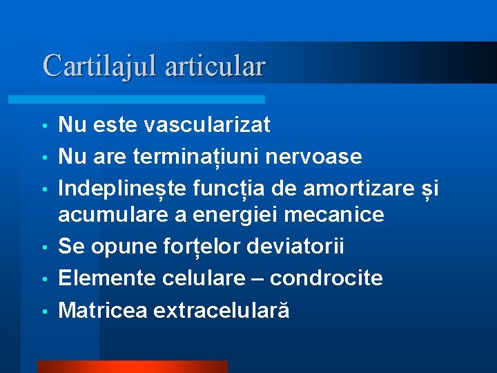 Cartilajul articular • • • Nu este vascularizat Nu are terminațiuni nervoase Indeplinește funcția