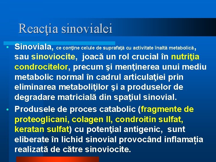 Reacţia sinovialei Sinoviala, ce conţine celule de suprafaţă cu activitate înaltă metabolică, sau sinoviocite,