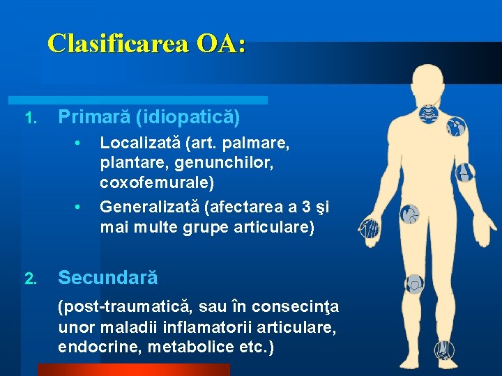 Clasificarea OA: 1. Primară (idiopatică) • • 2. Localizată (art. palmare, plantare, genunchilor, coxofemurale)