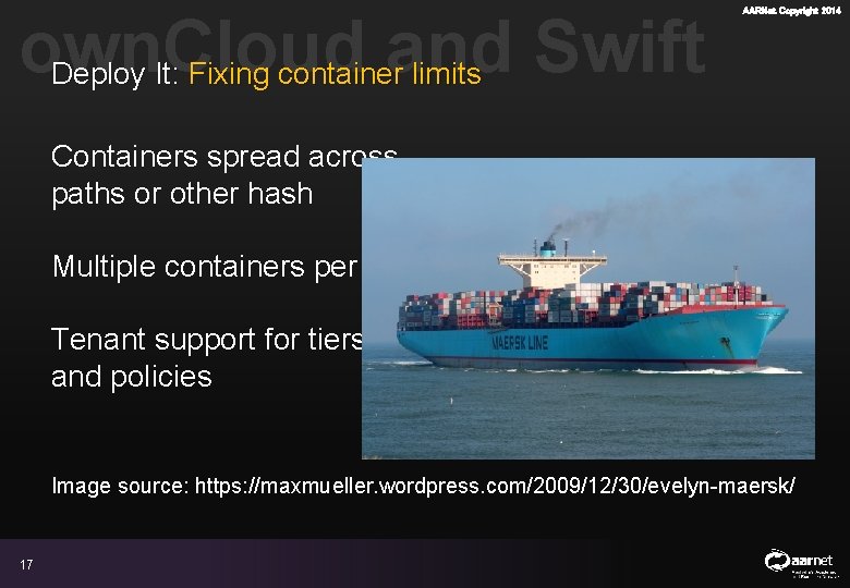 own. Cloud and Swift Deploy It: Fixing container limits AARNet Copyright 2014 Containers spread own. Cloud and Swift Deploy It: Fixing container limits AARNet Copyright 2014 Containers spread