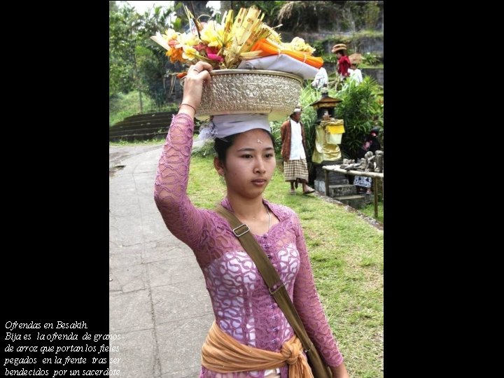 Ofrendas en Besakih. Bija es la ofrenda de granos de arroz que portan los