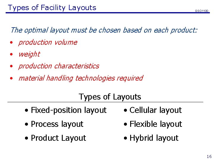 Types of Facility Layouts GSO 1100 The optimal layout must be chosen based on