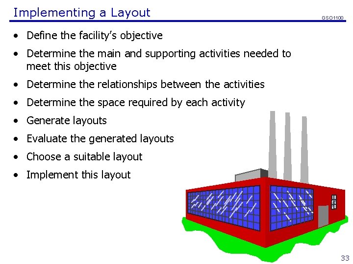 Implementing a Layout GSO 1100 • Define the facility’s objective • Determine the main