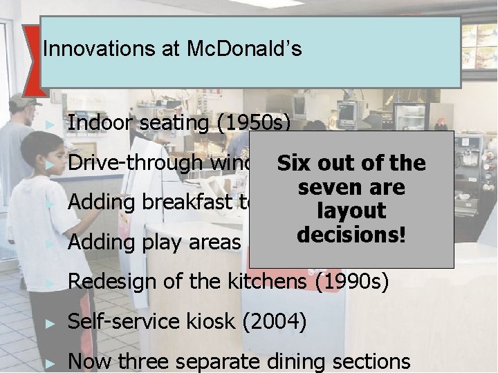 GSO 1100 Innovations at Mc. Donald’s ► Indoor seating (1950 s) ► Drive-through window