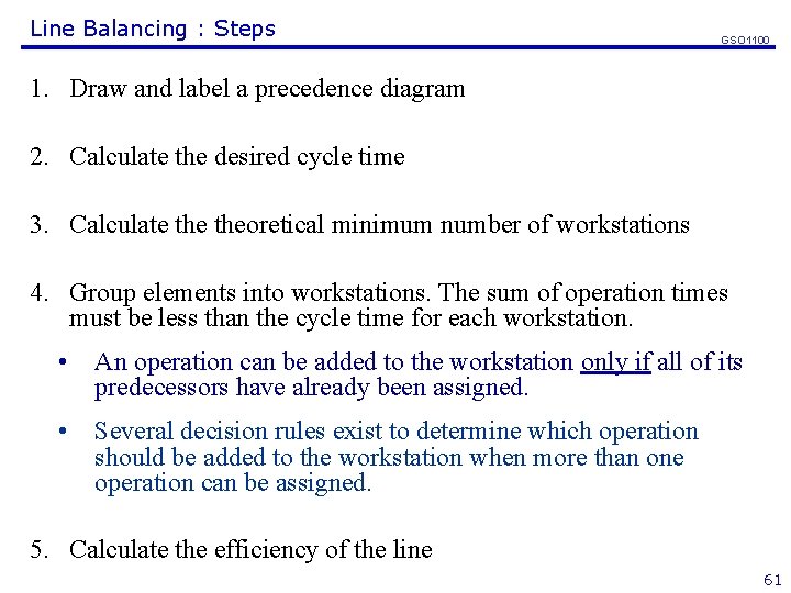 Line Balancing : Steps GSO 1100 1. Draw and label a precedence diagram 2.