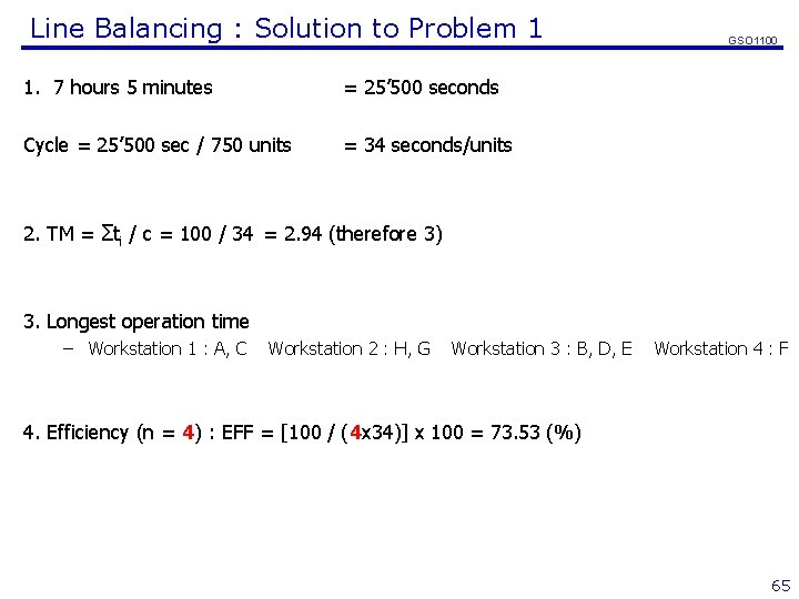 Line Balancing : Solution to Problem 1 1. 7 hours 5 minutes = 25’