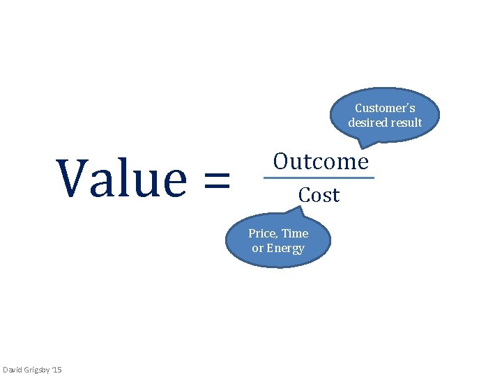 Customer’s desired result Value = Outcome Cost Price, Time or Energy David Grigsby ‘