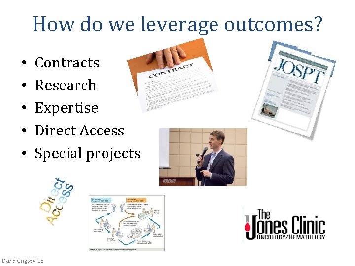 How do we leverage outcomes? • • • Contracts Research Expertise Direct Access Special