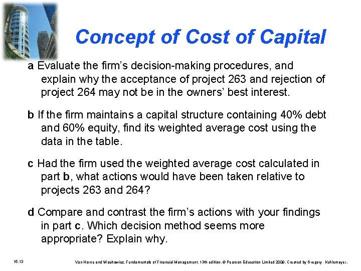 Concept of Cost of Capital a Evaluate the firm’s decision-making procedures, and explain why