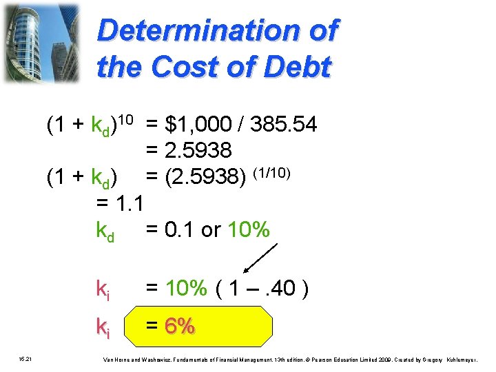 Determination of the Cost of Debt (1 + kd)10 = $1, 000 / 385.