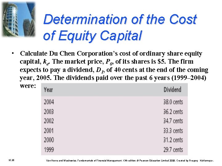 Determination of the Cost of Equity Capital • Calculate Du Chen Corporation’s cost of