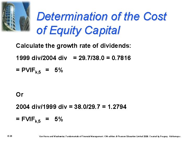 Determination of the Cost of Equity Capital Calculate the growth rate of dividends: 1999