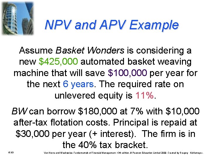 NPV and APV Example Assume Basket Wonders is considering a new $425, 000 automated