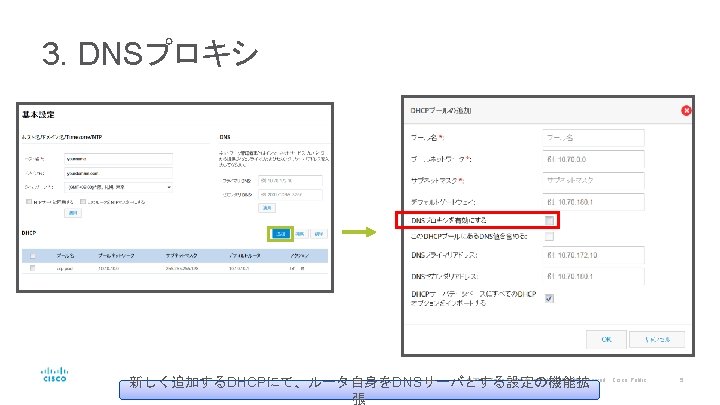 3. DNSプロキシ © 2017 Cisco and/or its affiliates. All rights reserved. 新しく追加するDHCPにて、ルータ自身をDNSサーバとする設定の機能拡 張 Cisco