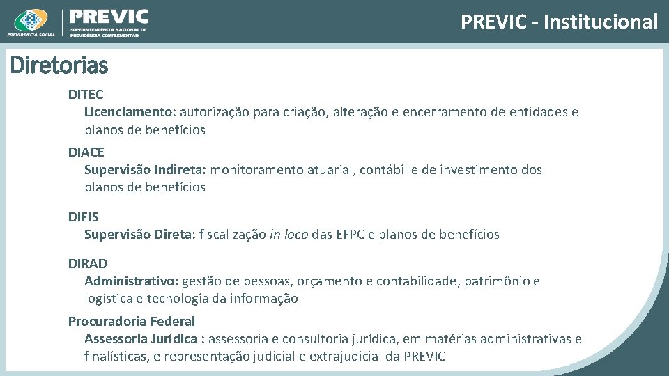 PREVIC - Institucional Diretorias DITEC Licenciamento: autorização para criação, alteração e encerramento de entidades