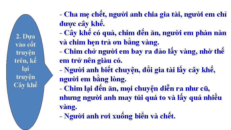2. Dựa vào cốt truyện trên, kể lại truyện Cây khế - Cha mẹ