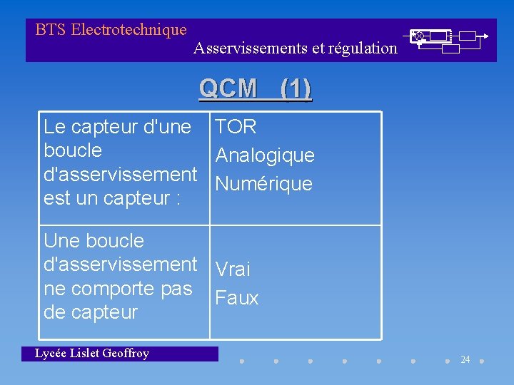 BTS Electrotechnique Asservissements et régulation QCM (1) Le capteur d'une TOR boucle Analogique d'asservissement