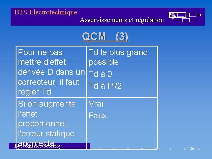 BTS Electrotechnique Asservissements et régulation QCM (3) Pour ne pas mettre d'effet dérivée D