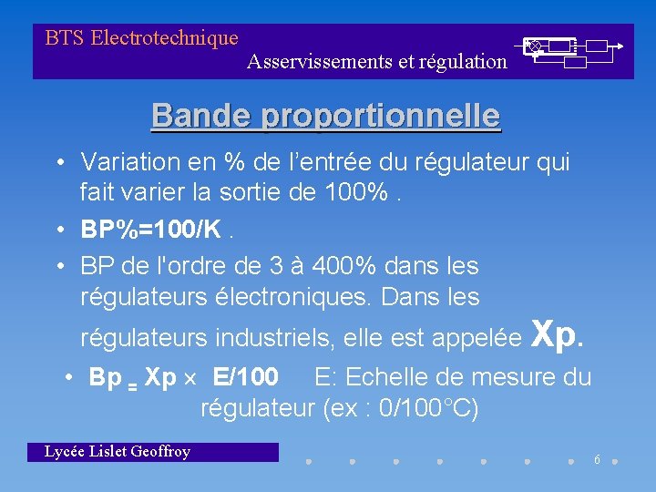BTS Electrotechnique Asservissements et régulation Bande proportionnelle • Variation en % de l’entrée du