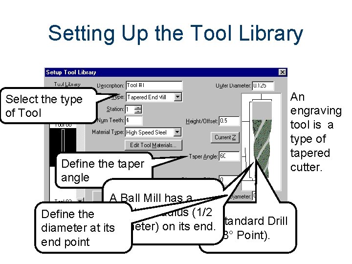 Setting Up the Tool Library Select the type of Tool Define the taper angle