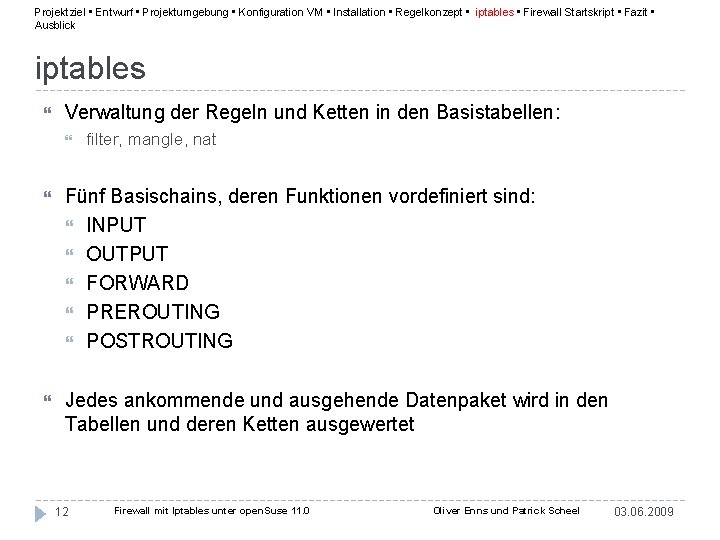 Projektziel • Entwurf • Projektumgebung • Konfiguration VM • Installation • Regelkonzept • iptables