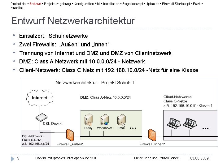 Projektziel • Entwurf • Projektumgebung • Konfiguration VM • Installation • Regelkonzept • iptables