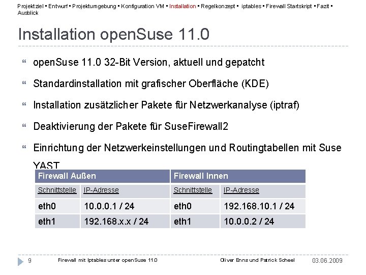Projektziel • Entwurf • Projektumgebung • Konfiguration VM • Installation • Regelkonzept • iptables