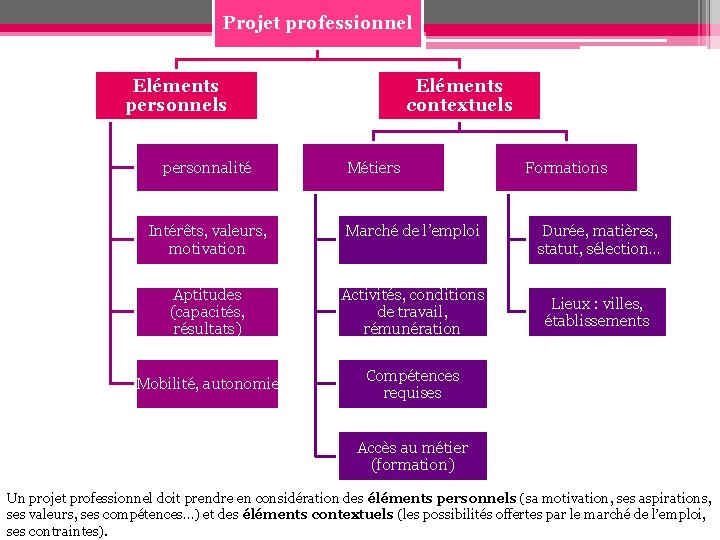 Projet professionnel Eléments personnels personnalité Eléments contextuels Métiers Intérêts, valeurs, motivation Marché de l’emploi