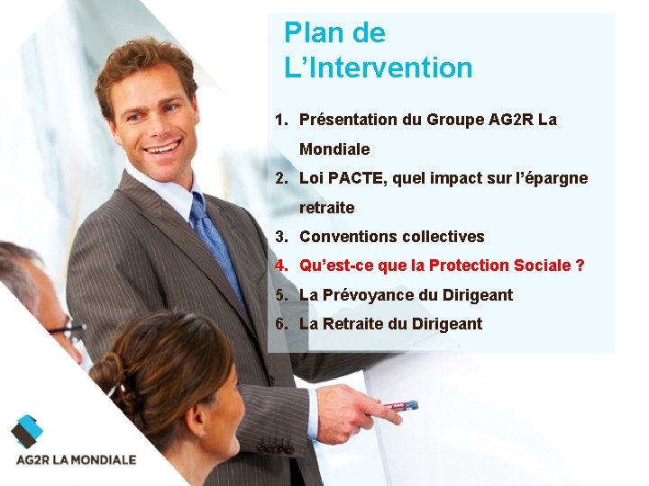 Plan de L’Intervention 1. Présentation du Groupe AG 2 R La Mondiale 2. Loi