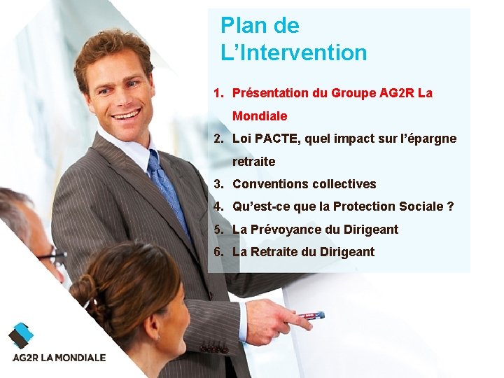 Plan de L’Intervention 1. Présentation du Groupe AG 2 R La Mondiale 2. Loi