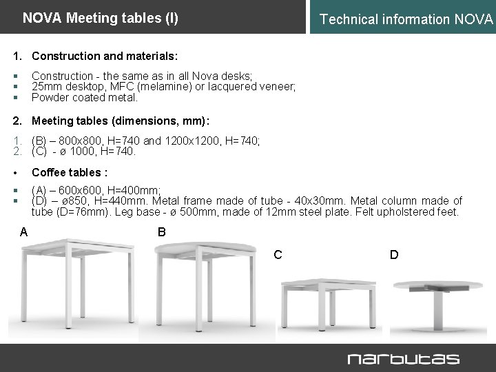 NOVA Meeting tables (I) Technical information NOVA 1. Construction and materials: § § §