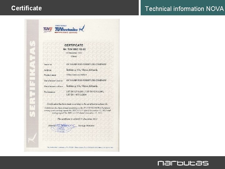 Certificate Technical information NOVA 