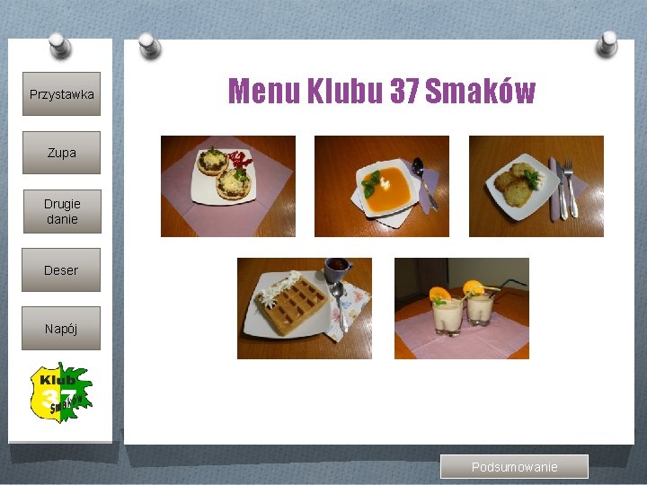 Przystawka Menu Klubu 37 Smaków Zupa Drugie danie Deser Napój Podsumowanie 