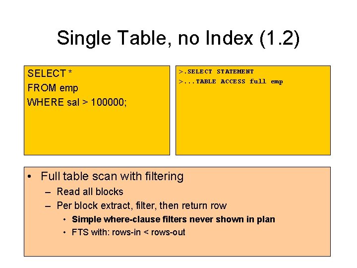 Single Table, no Index (1. 2) SELECT * FROM emp WHERE sal > 100000; Single Table, no Index (1. 2) SELECT * FROM emp WHERE sal > 100000;