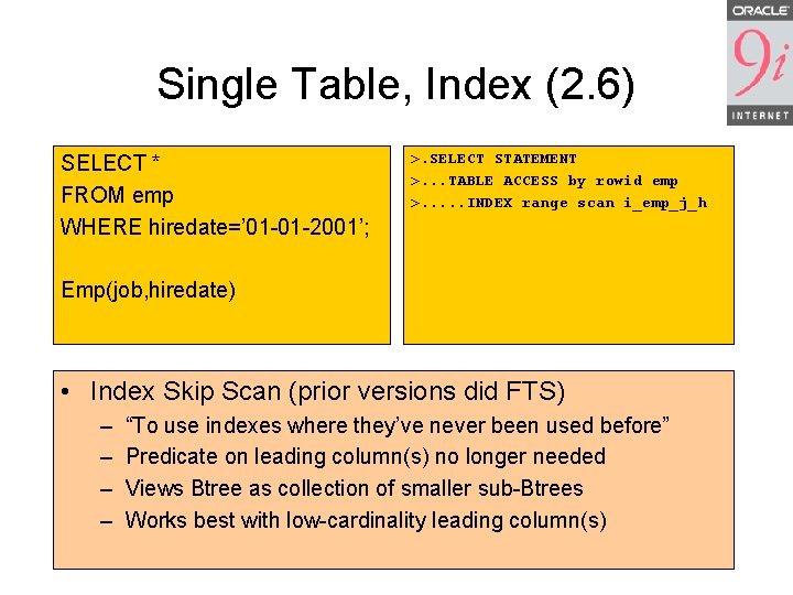 Single Table, Index (2. 6) SELECT * FROM emp WHERE hiredate=’ 01 -01 -2001’; Single Table, Index (2. 6) SELECT * FROM emp WHERE hiredate=’ 01 -01 -2001’;