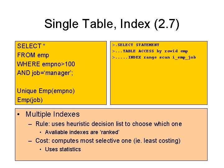 Single Table, Index (2. 7) SELECT * FROM emp WHERE empno>100 AND job=‘manager’; >. Single Table, Index (2. 7) SELECT * FROM emp WHERE empno>100 AND job=‘manager’; >.