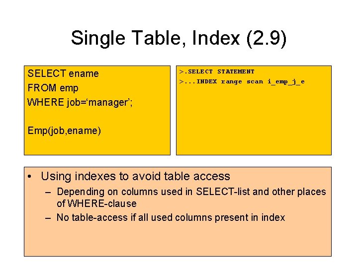 Single Table, Index (2. 9) SELECT ename FROM emp WHERE job=‘manager’; >. SELECT STATEMENT Single Table, Index (2. 9) SELECT ename FROM emp WHERE job=‘manager’; >. SELECT STATEMENT