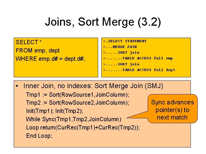 Joins, Sort Merge (3. 2) SELECT * FROM emp, dept WHERE emp. d# = Joins, Sort Merge (3. 2) SELECT * FROM emp, dept WHERE emp. d# =
