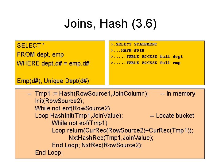 Joins, Hash (3. 6) SELECT * FROM dept, emp WHERE dept. d# = emp. Joins, Hash (3. 6) SELECT * FROM dept, emp WHERE dept. d# = emp.