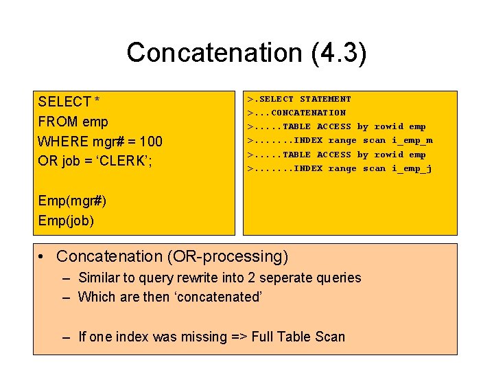 Concatenation (4. 3) SELECT * FROM emp WHERE mgr# = 100 OR job = Concatenation (4. 3) SELECT * FROM emp WHERE mgr# = 100 OR job =