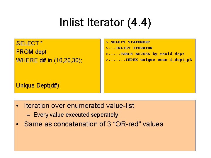 Inlist Iterator (4. 4) SELECT * FROM dept WHERE d# in (10, 20, 30); Inlist Iterator (4. 4) SELECT * FROM dept WHERE d# in (10, 20, 30);