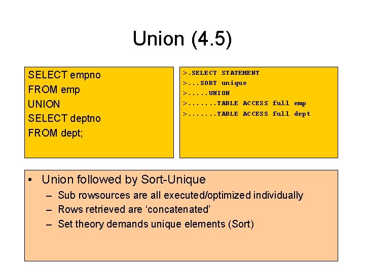 Union (4. 5) SELECT empno FROM emp UNION SELECT deptno FROM dept; >. SELECT Union (4. 5) SELECT empno FROM emp UNION SELECT deptno FROM dept; >. SELECT