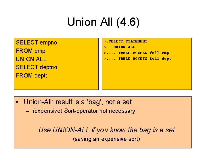 Union All (4. 6) SELECT empno FROM emp UNION ALL SELECT deptno FROM dept; Union All (4. 6) SELECT empno FROM emp UNION ALL SELECT deptno FROM dept;