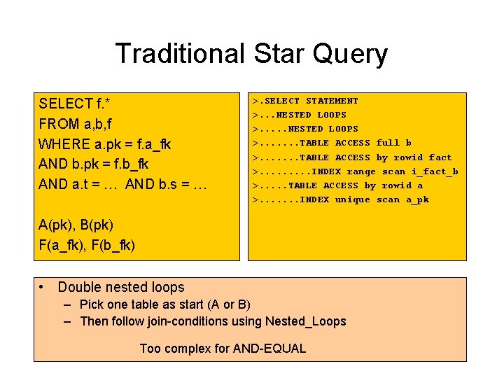 Traditional Star Query SELECT f. * FROM a, b, f WHERE a. pk = Traditional Star Query SELECT f. * FROM a, b, f WHERE a. pk =