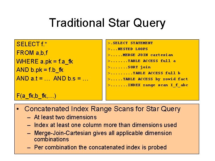 Traditional Star Query SELECT f. * FROM a, b, f WHERE a. pk = Traditional Star Query SELECT f. * FROM a, b, f WHERE a. pk =