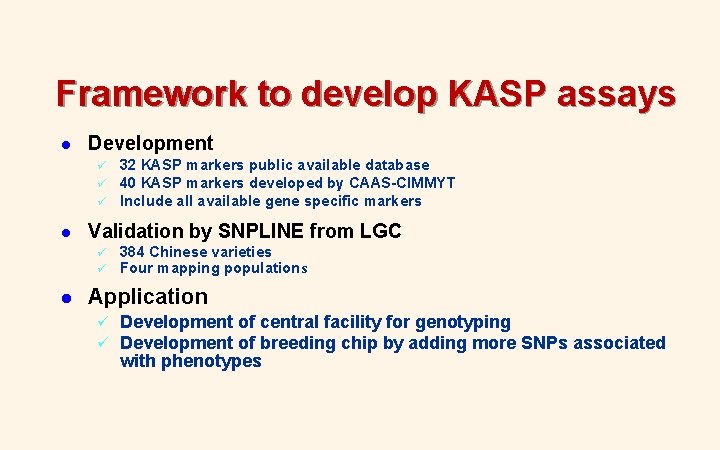 Framework to develop KASP assays l Development ü ü ü l Validation by SNPLINE Framework to develop KASP assays l Development ü ü ü l Validation by SNPLINE