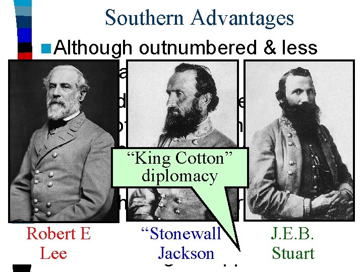 Southern Advantages n Although outnumbered & less industrial, South had advantages: –President Davis knew