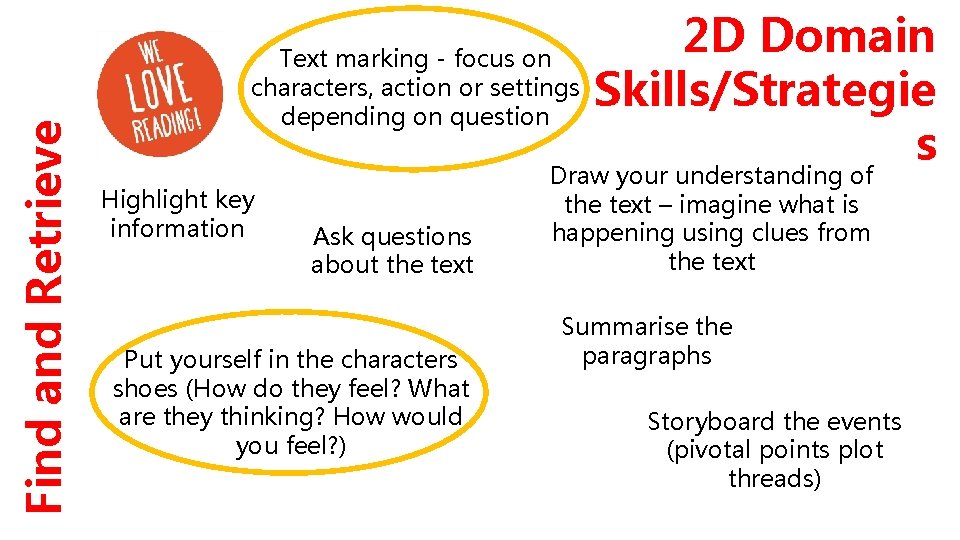 Find and Retrieve Text marking - focus on characters, action or settings depending on