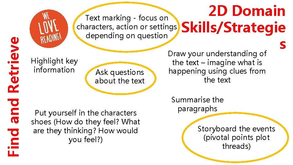 Find and Retrieve Text marking - focus on characters, action or settings depending on